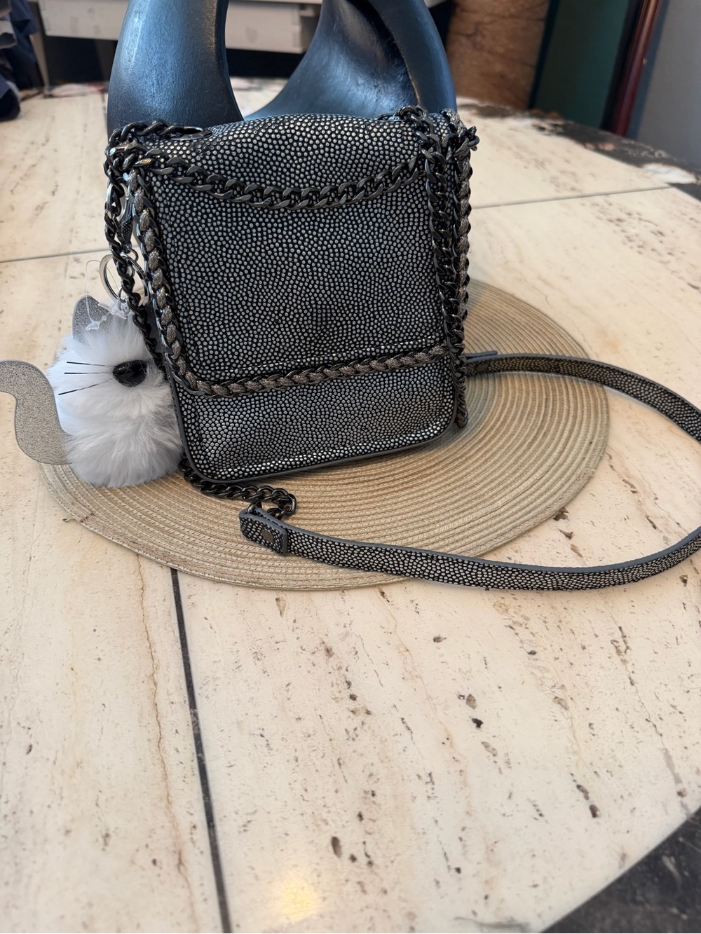 Henri Bendel Discontinued Black & Silver Textured Chain Crossbody w/ Cat Charm
